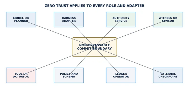 Hub diagram: eight roles, including the model or planner, tools, witnesses, the authority service, and the ledger operator, all connect to one central non-bypassable commit boundary.